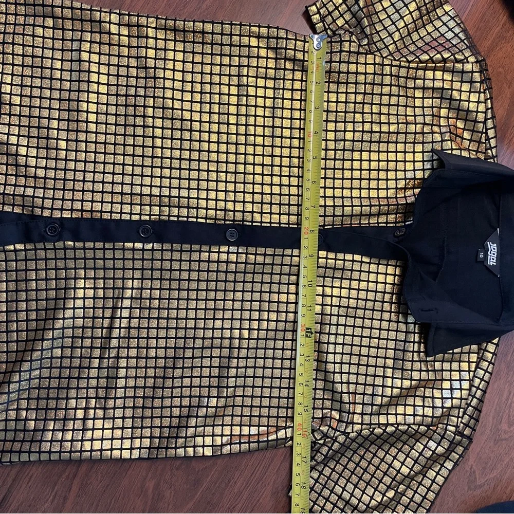 Boys Gold Grid Short-Sleeve Button-Down Shirt with Black Trim size 10 FLASHY 🌟